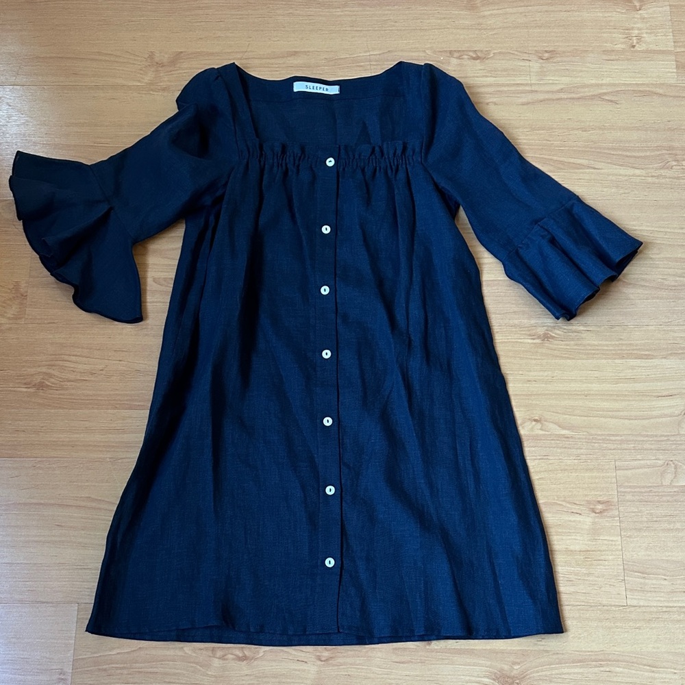 Sleeper Navy Button-Front Ruffle-Sleeve Mini Dress - image 6